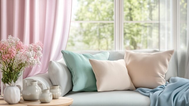 Cozy Living Room with Pillows and Flowers