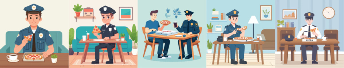 police young man character vector eating pizza