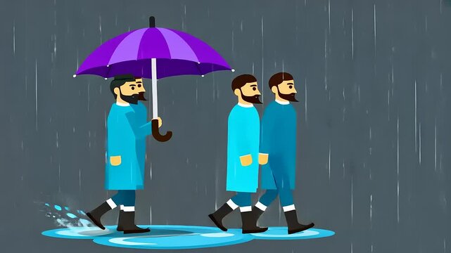 Three men in blue raincoats walking in the rain, one holding a purple umbrella, puddles forming