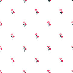 Seamless Floral Pattern Featuring Pink Flowers With Green Stems on White Background
