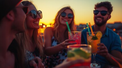 friends having fun on a rooftop terrace at sunset