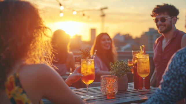 friends having fun on a rooftop terrace at sunset