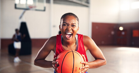 Portrait, shout and woman with basketball for sports, workout challenge or competition. African player, scream or person with ball at court for fitness, energy or determined athlete with motivation