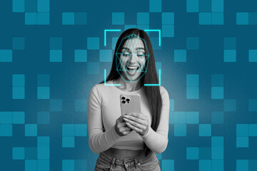 Collage trend artwork sketch poster of cyber future digital authentication recognition identity young lady excited face hold phone frame