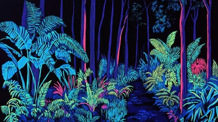 Naklejka premium Neon jungle path through a vibrant forest.