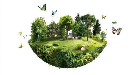 Artistic eco globe with green lands, trees, flying butterflies and homes