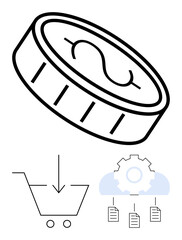 Coin with dollar sign, shopping cart, gear with cloud, files representing e-commerce, finance, innovation. Ideal for technology, fintech automation data flow digital business collaboration. Flat