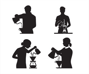 Coffeemaker: Set of hand-drawn coffee cup icons with latte art, heart steam, and decorative mugs in black and white line art style