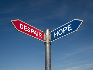 Obraz premium A signpost with diverging arrows pointing towards Despair (red) and Hope (blue) against a bright clear sky.
