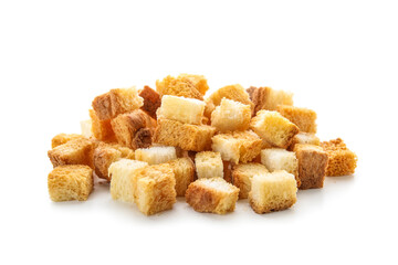 Pile of crunchy croutons isolated on white background