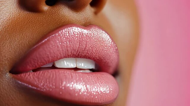 Close up of beautiful full lips with pink lipstick and lip gloss, showing perfect white teeth, creating a glamorous and seductive look, ideal for beauty and cosmetics advertising