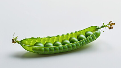 Open pea pod revealing fresh green peas isolated on white background