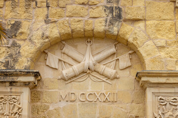 Details of facade of Advanced Gate leading to Fortifications of Birgu (Vittoriosa), Valletta, Malta