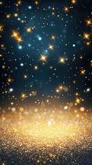 A mesmerizing background image showcases a luminous golden glitter veil floating over a dark blue backdrop sprinkled with sparkling stars creating a magical and festive atmosphere