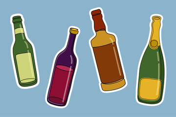 Alcohol Bottle Set: Beer, Wine, Champagne, Whiskey. Colour Line Art Vector.