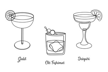 Classic Cocktails: Gimlet, Old Fashioned, Daiquiri. One Line Art.