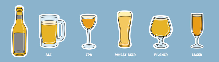 Light Beer Types and Glassware. Continuous One Line Colour Vector Illustrations.