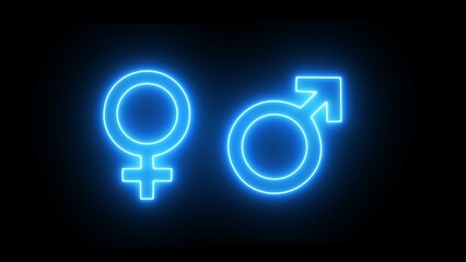 Glowing male and female icons. neon female logo icon symbol on black background. Male, female sign of gender equality icon on black background.