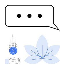 Speech bubble, hand catching coins, abstract leaf illustration. Ideal for communication, finance, sustainability, business growth, eco-conscious branding, cooperation simple landing page