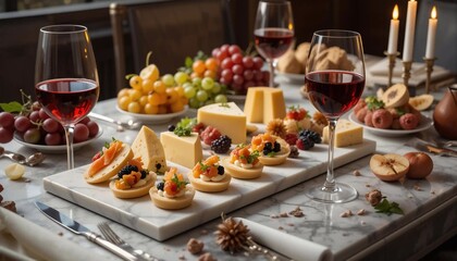 Fototapeta premium Wine and cheese background image, canapes, meals, dishes, food, banner textures advertising posters
