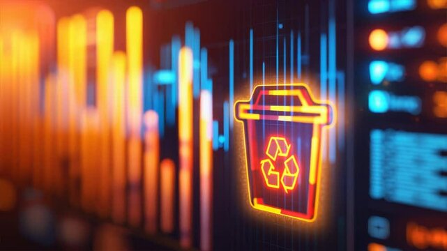 Modern digital interface with a glowing recycle bin symbolizing waste management and data recycling.
