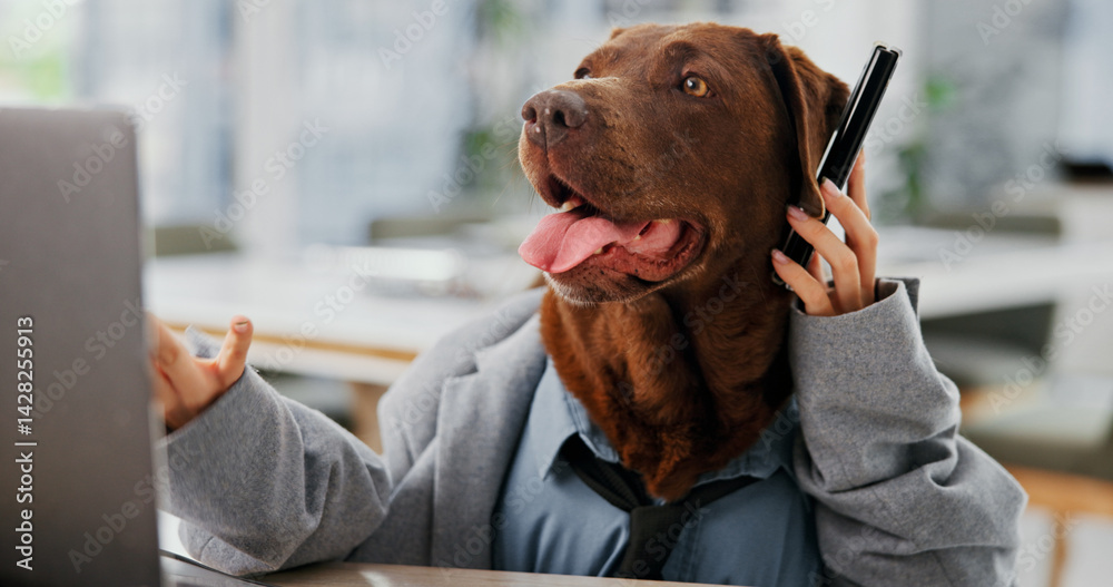 Poster laptop, phone call and problem solving with business dog in office for administration, conversation 