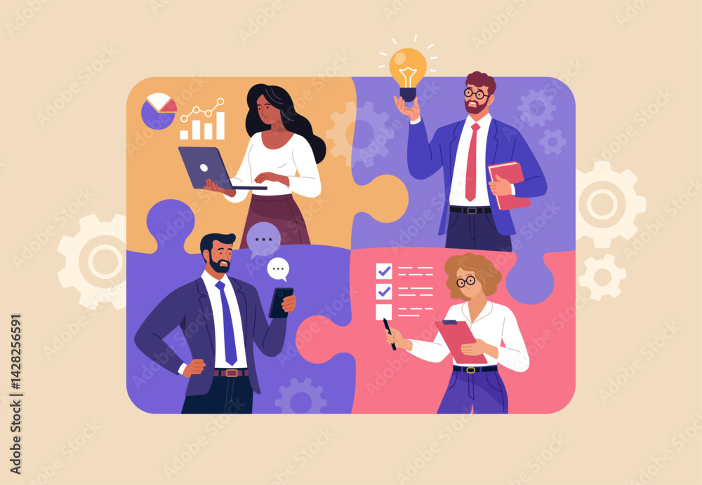 Poster Business Teamwork Concept. Vector illustration in flat style of puzzle pieces with different people in business suits in each, performing various work tasks. Isolated on background.