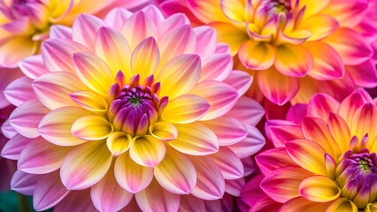 Obraz premium Macro shot of colorful dahlia flowers with pink and yellow gradient petals