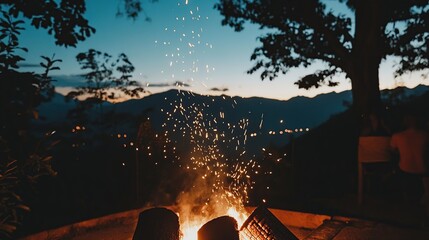 Campfire sparks fly, mountain sunset view