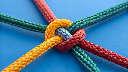 Close-up of knotted colorful ropes on blue background symbolizing teamwork