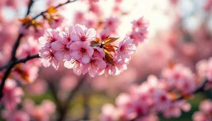 Obraz premium Vibrant pink cherry blossoms in full bloom on a sunny day