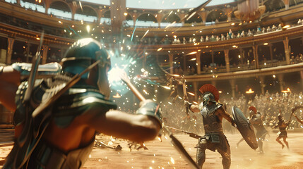 Gamer wearing vr headset and futuristic suit in a pink lit room with dual monitors and gaming chair