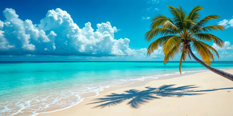 Obraz premium Tropical beach paradise with palm tree, blue sky, white sand, and turquoise ocean