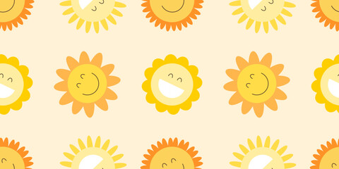 Cute suns seamless pattern. Smiling sun faces bright background. Summer sunlight emoticons cute wallpaper for nursery. Sunny emoji, yellow face sun flat illustration