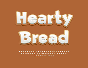 Vector Tasty label Hearty Bread. Bright Gingerbread style Font. Funny White Alphabet Letters and Numbers set.