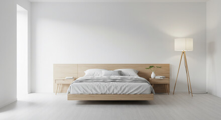 Bright Interior Shows Bed with Lamp and Nightstands in Minimalist Style Room