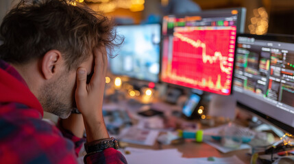 Obraz premium A stressed investor in frustration and anxious, staring at crashing red stock charts and scattered paper in office. High tension, financial loss, market panic and wrong investment and trading decision