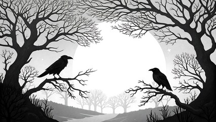 dark atmospheric landscape, silhouette trees, bare branches, two crows perched