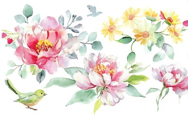 Watercolor illustration of pink peonies and green leaves with birds on white background