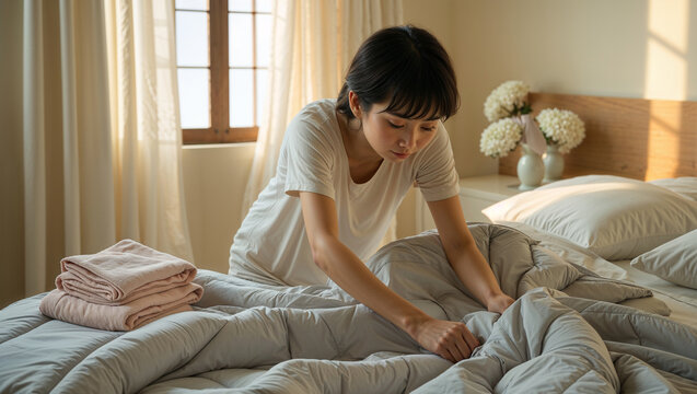 Young asian woman making bed in bright sunny bedroom