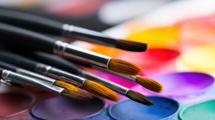 Fototapeta premium Close-up of artist paintbrushes resting on a vibrant watercolor palette with colorful paints