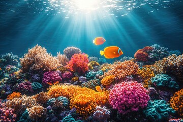 Fototapeta premium Vibrant underwater coral reef with fish and sun rays shining down