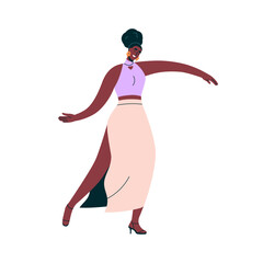 Happy dancing black woman at disco party. African-American female dancer smiling, joyful pose movement, graceful motion with arms. Elegant excited girl moving to music. Flat vector illustration
