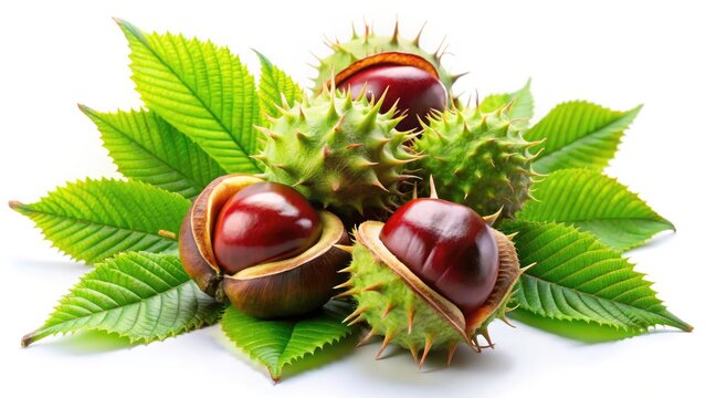 Horse Chestnut Conkers & Leaves: High-Resolution Stock Photo, Isolated White Background, Autumn Nature Photography