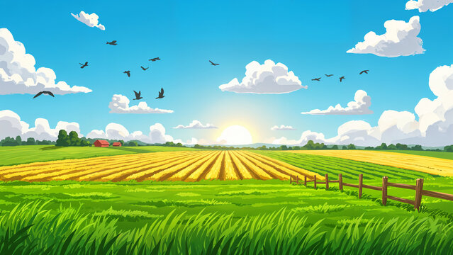 Summer field on sunny day. Modern cartoon illustration of beautiful countryside, rural landscape with lush grass or agricultural crops growing on land, birds flying in a blue sky.

