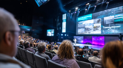 A large, dark auditorium with a dramatic spotlight on a confident speaker presenting on stage. The audience is silhouetted, and a giant LED screen displays current tech trends and analysis data.