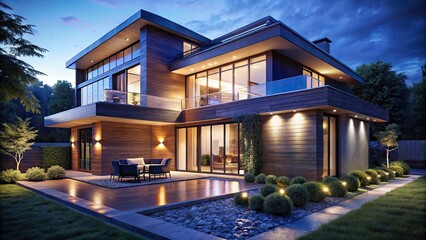 Obraz premium Illuminated Modern House Exterior Night Photography, Architectural Lighting Design, Home Exterior Night Scene