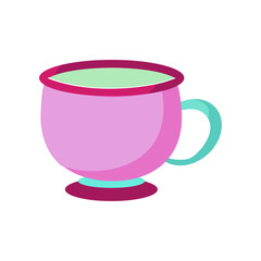 Pink tea cup. Hot drink container. Vector mug illustration. Colorful glossy shape.