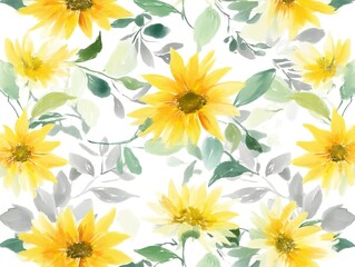 pattern of bright yellow sunflowers with green leaves on white background