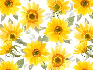 Obraz premium pattern of bright yellow sunflowers with green leaves on white background